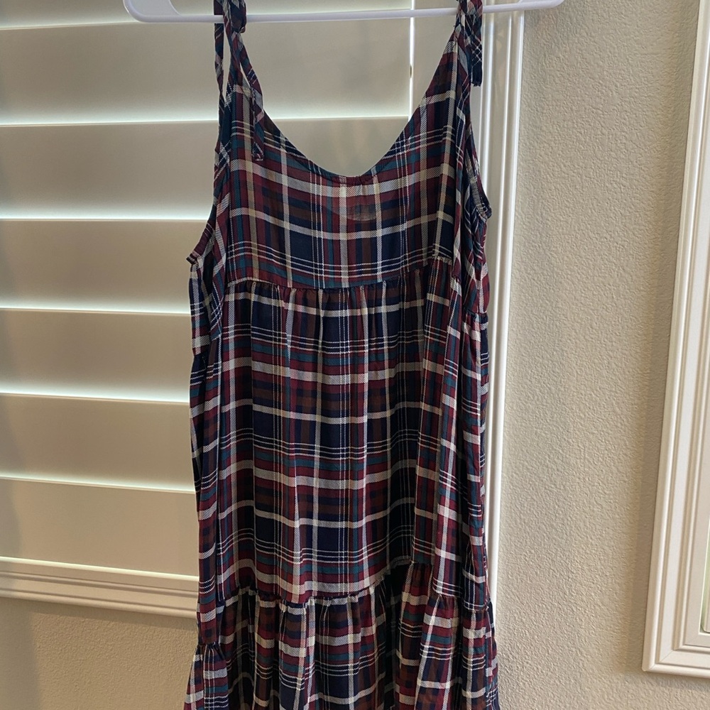 Plaid Tiered Sleeveless Sundress in Navy and Burgundy